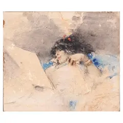 The Jeweled Beauty by Juan Luna, watercolor on cardboard, inscribed with “I.Canarias” (Canary Islands) in writing on the reverse, sold Aug 2022