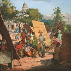 Market Scene by Gabriel Custodio, oil on canvas, sold Jul 2022