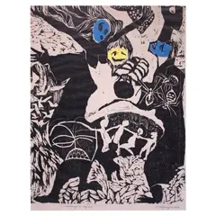 Revelry by Rod Paras-Perez, woodcut print with color passages, sold Apr 2022