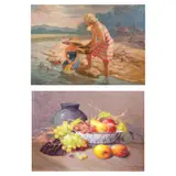 a) Two Women
b) Still Life with Fruit and Clay Jug by a) Unidentified Artist b) Oscar Ramos, a) oil on canvas b) oil on canvas, sold Apr 2022