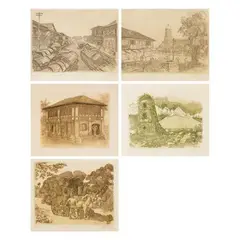 Alex Navarro Uy, a) Binondo Canal
b) Sta Cruz Church,1960
c) Old House Calaca, Batangas
d) Belfry of Cagsawa
e) Carawan V, a) lithograph print, 26/60 b) lithograph print L/P c) lithograph print, 19/100 d) lithograph print, 67/100 e) lithograph print, 25/100