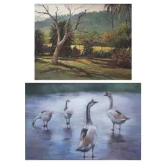 a.)  Landscape b.) Gansa by a) Andi Cubi b) Ben Infante, a.) oil on canvas b.) pastel, sold Jan 2022