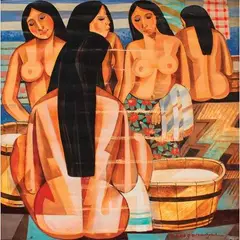 Bathers by Paco Gorospe, oil on canvas, sold Jan 2022