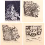 a) La Violinista
b-d) Maskara I - III by a) Mikel Parial b) Benjie T. Cabrera, a) rubbertcut b-d) pen on paper, sold Jan 2021