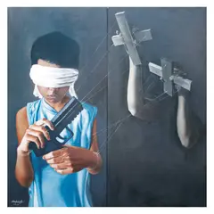 Marko Bello, Puppets and Blindfolds (diptych), acrylic on canvas