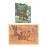 a) Man and Carabao b) Ice Cream Vendors by a) Max Lalata b) Carlos Valino Jr., watercolor on paper, sold Oct 2021
