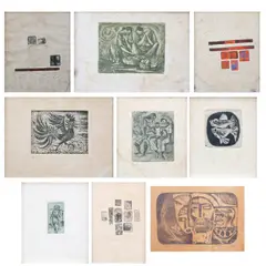 Manuel Rodriguez Sr., a) Amulet b) Fish Vendors c) Three Prison d) Untitled e) Family f) Untitled g) Aguador h) Intaglio Garnet i) Study of Warrior on Stone, etching