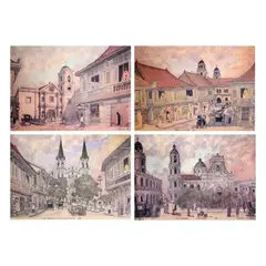 Felipe V. Adriano, Jr., a) San Agustin Church and Intramuros Houses 1900  b) Sunday in Quiapo 1904 c) San Sebastian and Tranvia 1909 d) The Cathedral Plaza Mayor 1852, a. lithograph