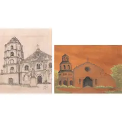 Irna Castro, a) Cabugao Church, Ilocos Sur, Philippines
b) Agoo Church, Cebu City, mixed media on paper watercolor on paper