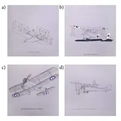 a) The Wright “Flyer”
b) 1915 German Rumpler C.1
c) Curtiss JN-4 “Jenny” (U.S.A.) 1923 with “Wingwalkers”
d) 1917 British Bristol F2B “Fighter” by Obi Mapua, acrylic, ink, and graphite on canvas, sold Jul 2021