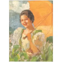 Lady with Umbrella by Fernando Amorsolo, oil on canvas, sold Jul 2021