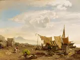 Oswald Achenbach, Marktstände auf dem Strand vor Neapel, Öl auf Leinwand