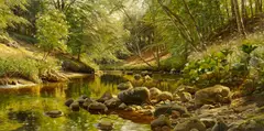 Peder Moerk Moensted, Sonniger Waldbach, Öl auf Leinwand