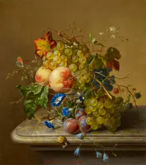 Amalie Kaercher, Stillleben mit Trauben und Pfirsichen in einer Glasschale, Öl auf Leinwand