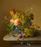 Amalie Kaercher, Stillleben mit Trauben und Pfirsichen in einer Glasschale, Öl auf Leinwand