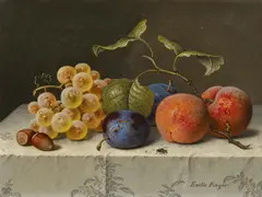 Früchtestillleben mit Aprikosen, Pflaumen und Weintrauben auf einem Tisch mit Damastdecke by Emilie Preyer, Öl auf Leinwand, sold May 2022