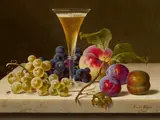 Emilie Preyer, Stillleben mit Trauben, Prirsich, Pflaumen und einer Champagnerflöte