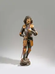 Der hl. Georg in Rüstung mit dem Drachen by South German School, Obstbaumholz (?). Maße: 151cm, sold May 2022