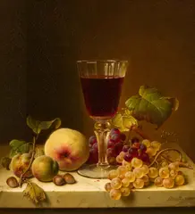 Johann Wilhelm Preyer, Stillleben mit Reineclauden, Trauben, Pfirsich und einem Rotweinglas, Öl auf Leinwand