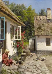 Peder Moerk Moensted, Mädchen am Haus, Öl auf Leinwand