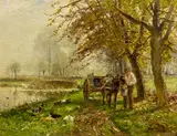 Hugo Mühlig, Bauer mit Eselkarren am Ufer, Öl auf Holz
