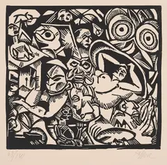 Georg Tappert, Schlafende mit Masken, 1918/20, Holzschnitt auf chamoisfarbenem Velin