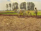 Hugo Mühlig, Frühlingslandschaft am Niederrhein mit pflügendem Bauern, Öl auf Leinwand