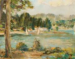 Edward Cucuel, Segelboote auf dem See, Öl auf Faserplatte
