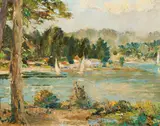 Edward Cucuel, Segelboote auf dem See, Öl auf Faserplatte