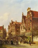 Petrus Gerardus Vertin, Sommerliche Straßenszene in einer holländischen Stadt, Öl auf Leinwand