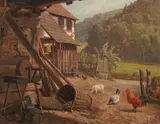 Carl Jutz, Bauerngehöft mit Tieren, Öl auf Leinwand