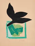 Georges Braque, Oiseau noir sur fond vert (Aus: Si je mourais là-bas), 1962, Farbholzstich auf Velin