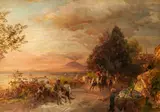 Oswald Achenbach, Abendstimmung auf einer belebten Küstenstraße bei Neapel, Öl auf Leinwand