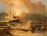 Andreas Achenbach, Stürmischer Abend an der holländischen Küste, Öl auf Leinwand