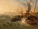Andreas Achenbach, Fischer bei Ausladen des Fangs, Öl auf Holz
