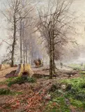 Hugo Mühlig, Pferdefuhrwerk auf der Grafenberger Allee, Öl auf Holz