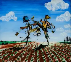 Peter Angermann, "Kämpfende Vogelscheuchen", 1978, Öl hinter Glas auf Sperrholz