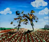 Peter Angermann, "Kämpfende Vogelscheuchen", 1978, Öl hinter Glas auf Sperrholz