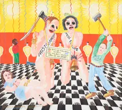 Blalla W. Hallmann, "Die Rache der Kinder an ihren Eltern", 1987, Mischtechnik auf Holz