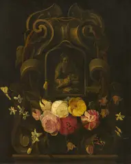 Niederländische Schule, Maria mit dem Christuskind in einer Kartusche vor Blumen, Öl auf Leinwand