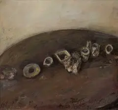 Klaus Fußmann, "Atelier Hardernbergstrasse" (Tischstillleben), 1976, Öl auf Leinwand
