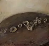 Klaus Fußmann, "Atelier Hardernbergstrasse" (Tischstillleben), 1976, Öl auf Leinwand