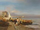 Oswald Achenbach, Wäscherinnen am Strand vor Neapel, Öl auf Leinwand