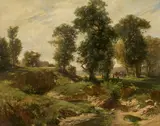 Fritz von Wille, Gesellschaft beim Picknick unter Bäumen am Bachlauf, Öl auf Leinwand