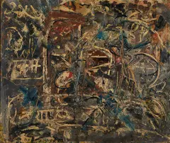 Hp (Hans Peter) Zimmer, "Lektion der zukünftigen Malerei - es lebe die gruppe spur!", 1959, Öl und Zeitungspapier, collagiert auf Hartfaser
