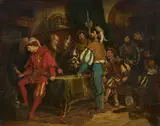 Edmund Herger, "Landsknechte verteilen Beutestücke", Öl auf Leinwand