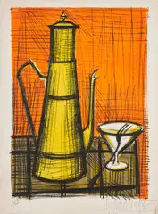 Cafetière by Bernard Buffet, 1955, Farblithografie auf BFK RIVES (Wasserzeichen), sold Feb 2022