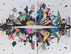 Luis M. Alonzo-Barkigia, "Paradigm Schitz", 2007, Bindfaden, Collage und Acryl auf Vinyl