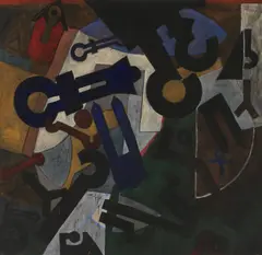 Heinz Adochi, "Maske-Padak", 1987, Leimfarbe auf Leinwand