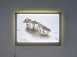 Bong-Chae Son, Migrants (014), 2011, Öl auf fünf Plexiglasscheiben in Objektkasten mit LED-Beleuchtung, Kabel und Stecker